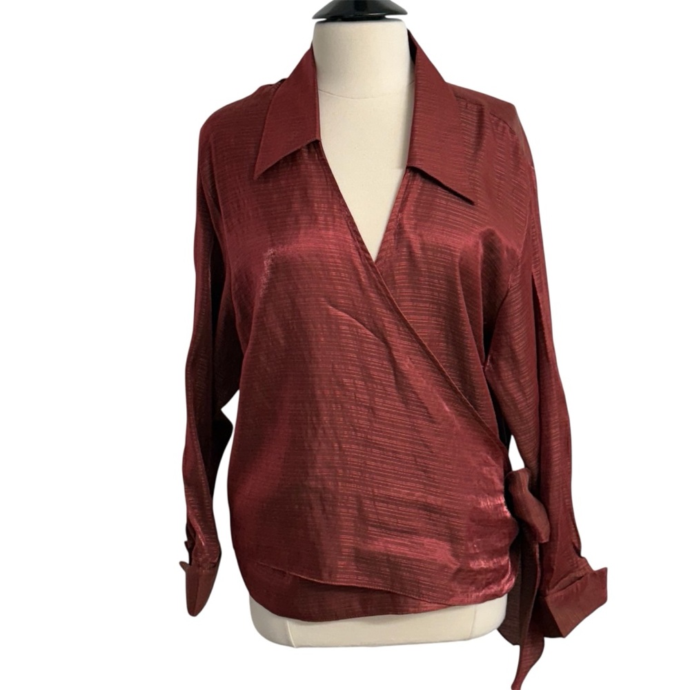 Ashley Stewart Women's Long Sleeve Taffeta Wrapped Blouse, Maroon, Size 22